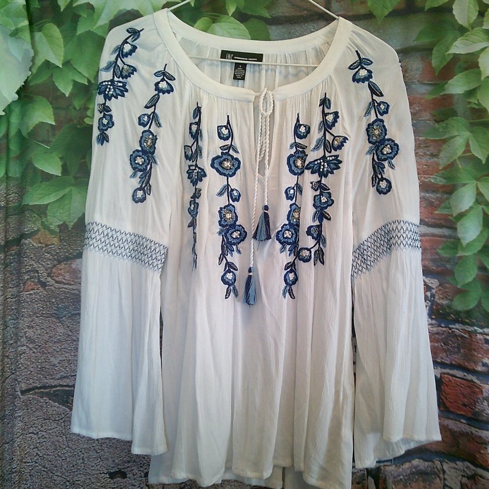 Boho Embroidered Floral Detail Tie Front Blouse